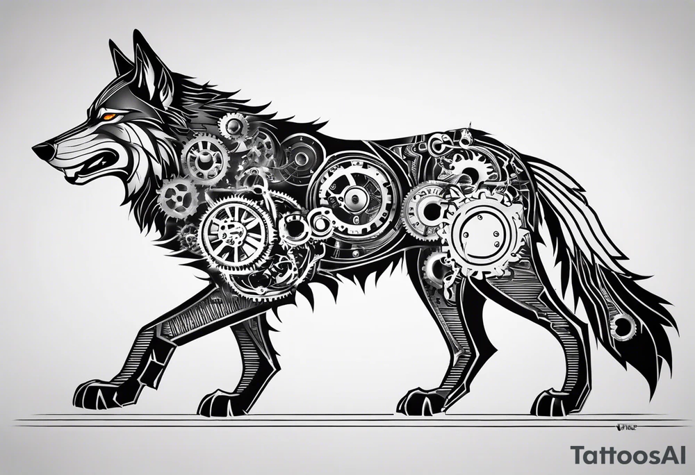Powerful wolf powered by an engine featuring an "steampunk desing" in the image appears a psiton and a turbo, also the dseign must be vertical. Also, the desing must be minimalistic not saturated. This tattoo will be included in my leg tattoo idea