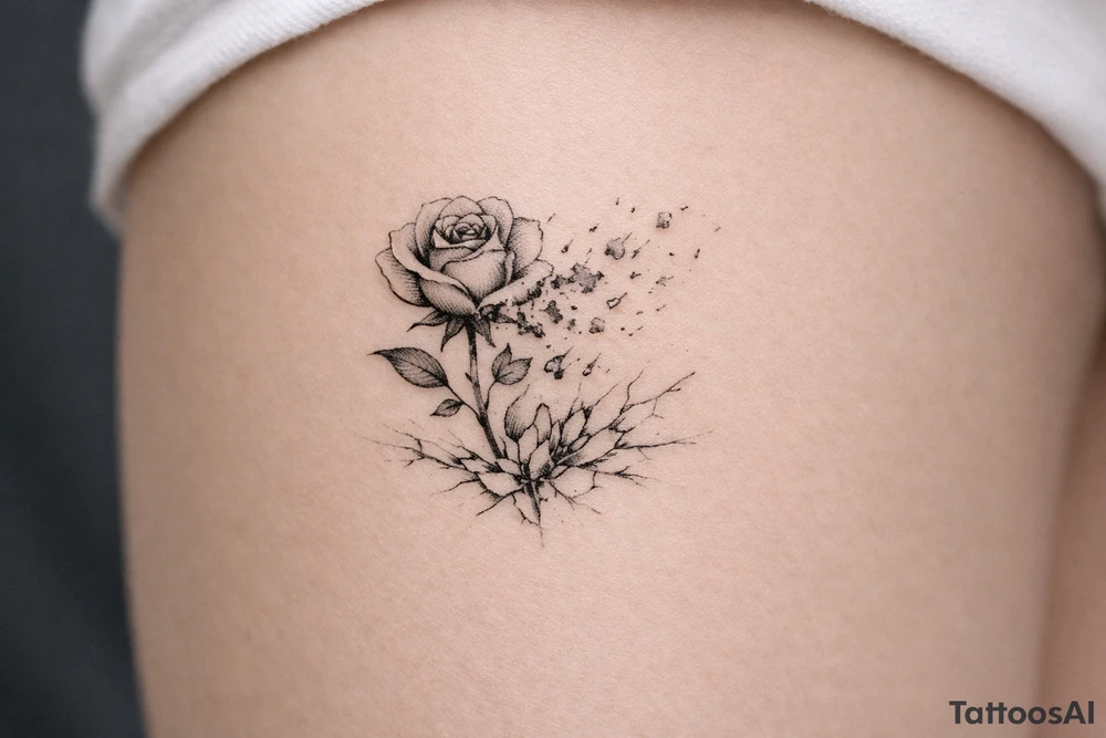 Delicate rose silhouette dissolving into watercolor fragments on shattered ice. tattoo idea