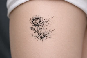 Delicate rose silhouette dissolving into watercolor fragments on shattered ice. tattoo idea