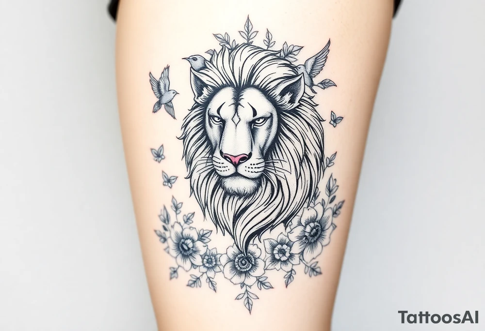powerful majestic lion with a crown, surrounded by floral ornaments and birds tattoo idea