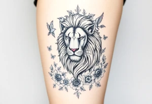 powerful majestic lion with a crown, surrounded by floral ornaments and birds tattoo idea