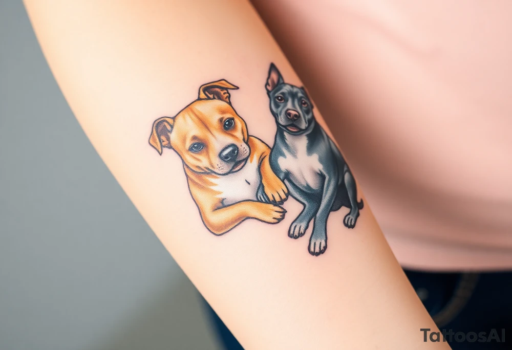 a tan pitbull and a blue heeler dogs playing together tattoo idea