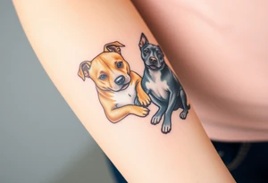 a tan pitbull and a blue heeler dogs playing together tattoo idea