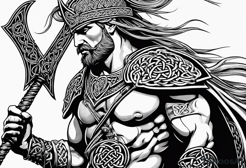 Side facing full body shot of Celtic warrior with weapon unsheathed. tattoo idea