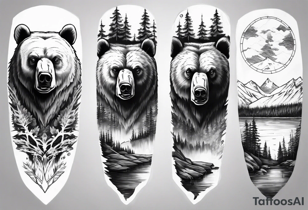 bear head right above the forest line with a lake below, full arm sleeve tattoo tattoo idea