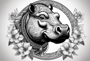 A symbolic hippo head with a detailed realistic full moon on upper right corner and wintersweet flower on lower left corner, looking like a totem tattoo idea