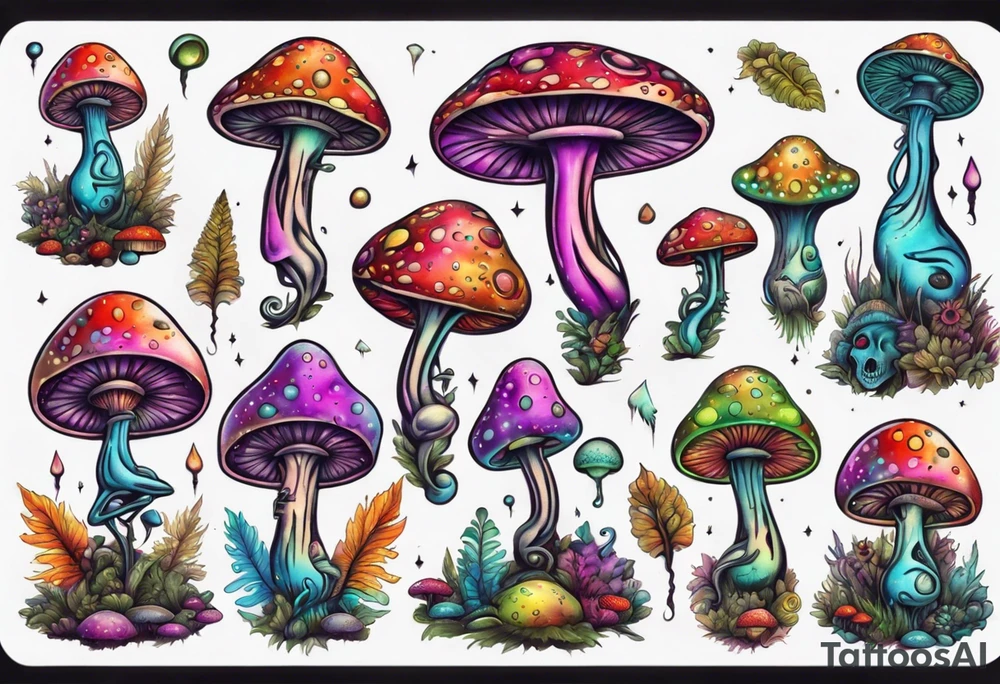 An alien having a psychedelic trip on mushrooms tattoo idea