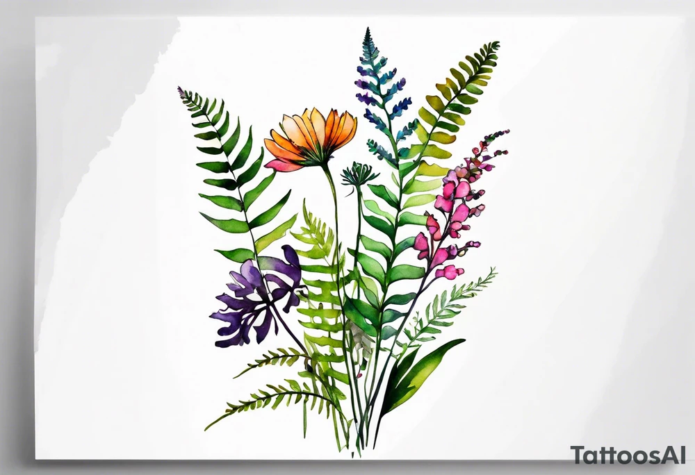 Multi colored wild flowers long stems bouquet with ferns all watercolor tattoo idea