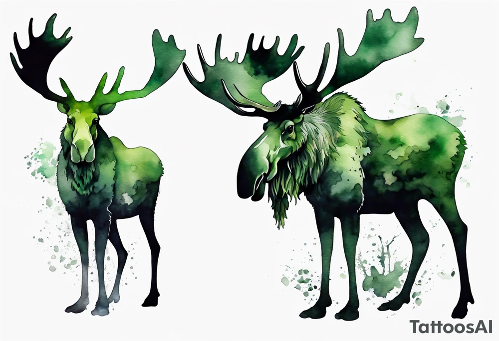 a giant green mossy moose with shadow beards perched on its antlers tattoo idea