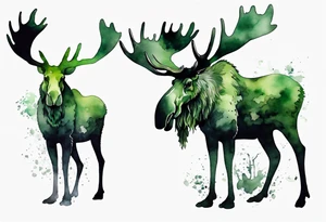 a giant green mossy moose with shadow beards perched on its antlers tattoo idea