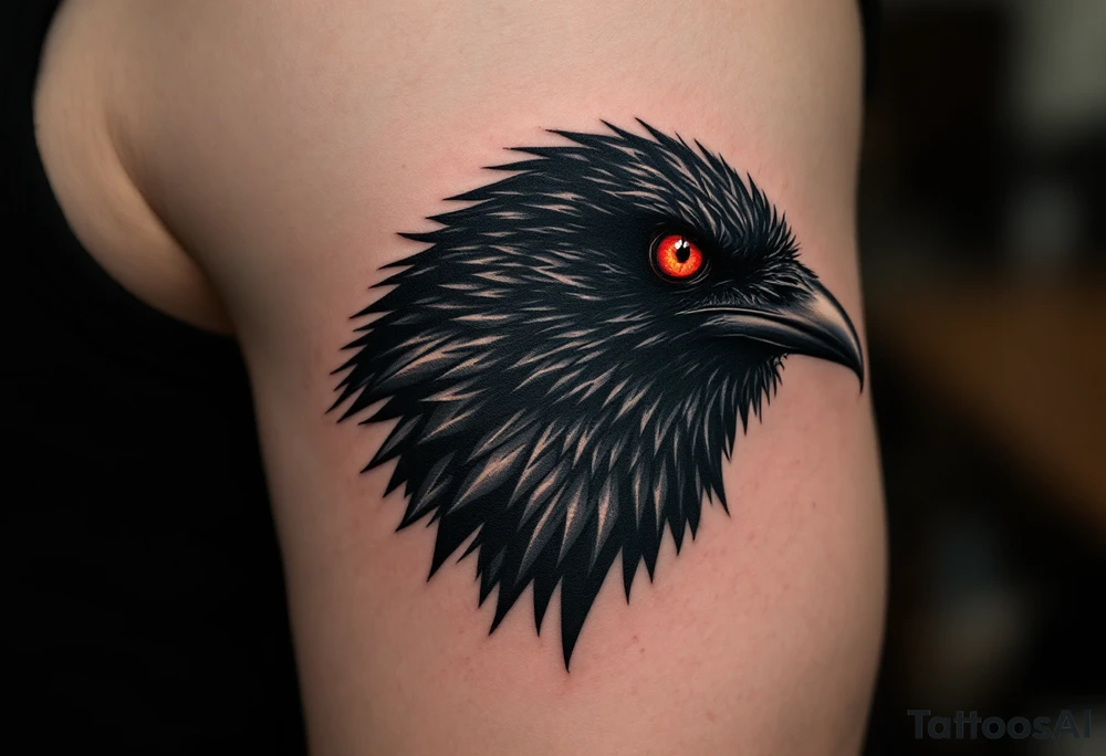Crow with One Red Eye – A simple black crow with one piercing red eye, symbolizing insight or vengeance. Graphic, high-contrast style with sharp edges. tattoo idea