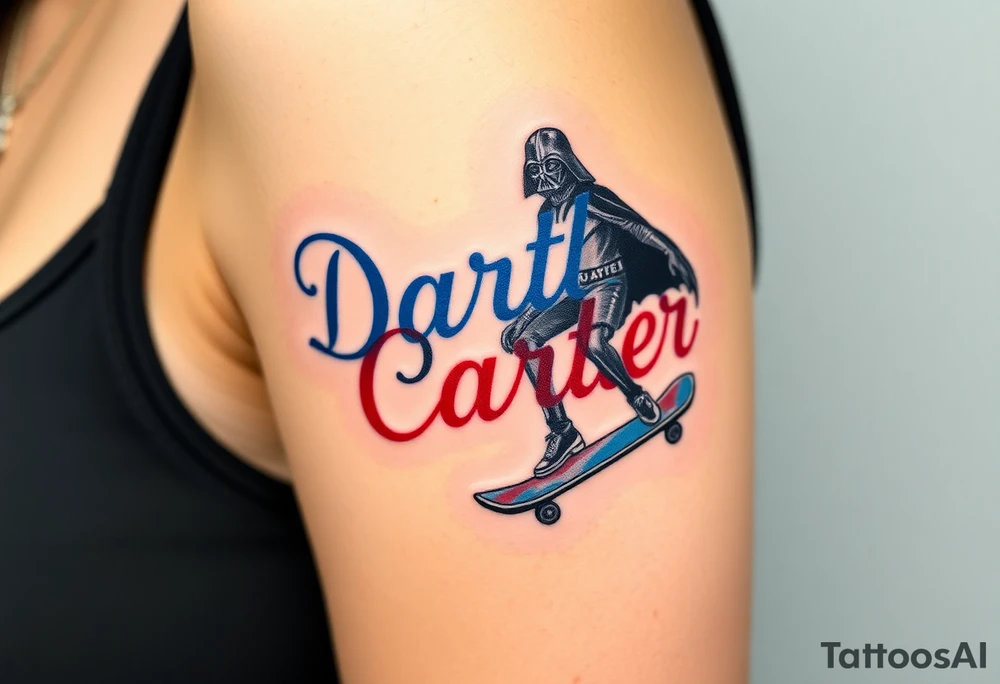 Darth Vader skateboarding >
blue & red
skateboard words "Darth Carter"
12/29/88-01/06/24 tattoo idea