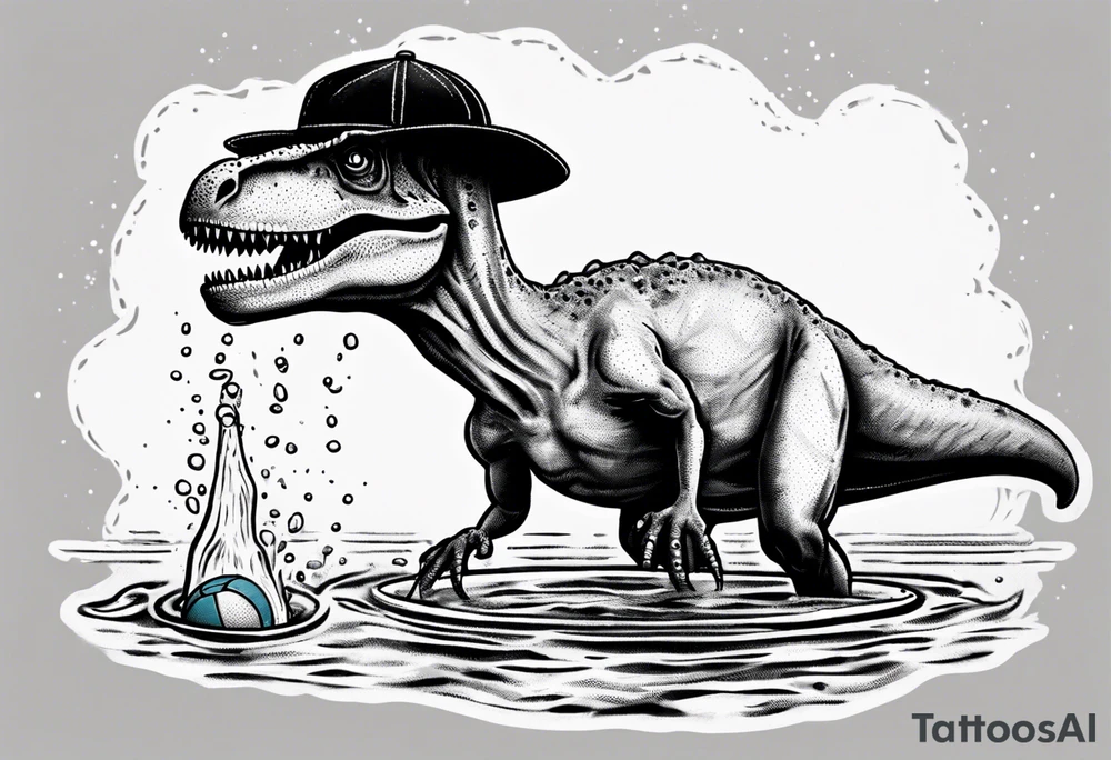 silly happy t rex in a pool wearing water polo cap tattoo idea