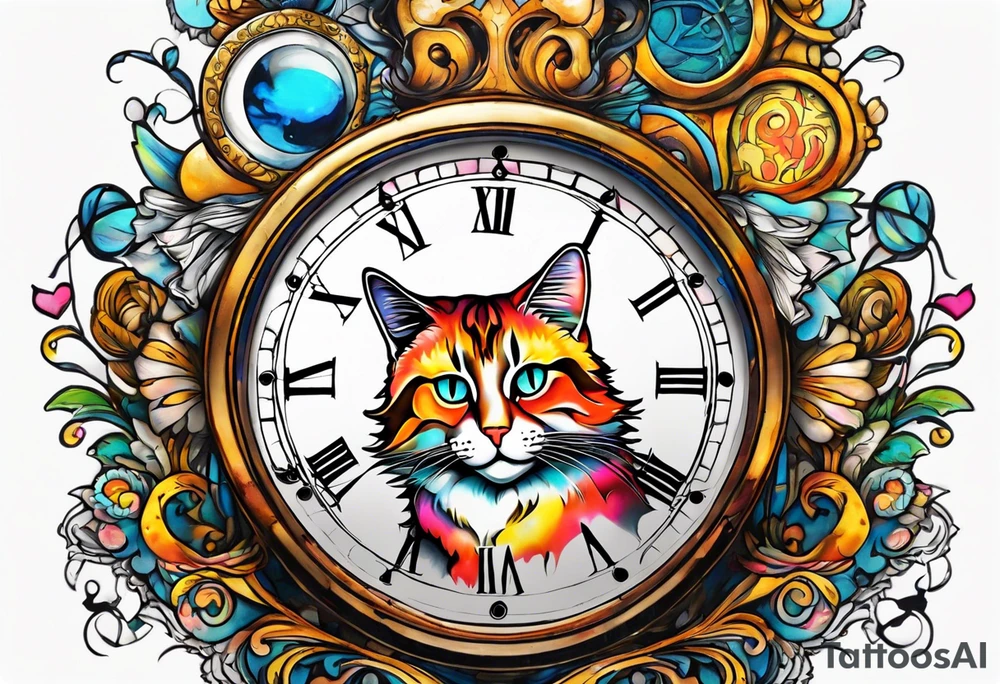 Semicolon chester cat on Alice in wonderland broke clock hour glass tattoo idea