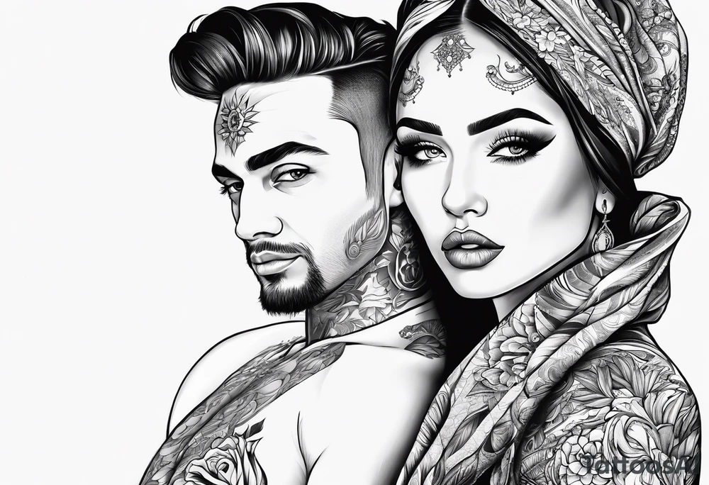 Woman with a peaceful face and man with a panic face tattoo idea