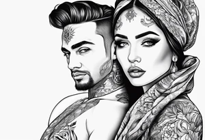 Woman with a peaceful face and man with a panic face tattoo idea