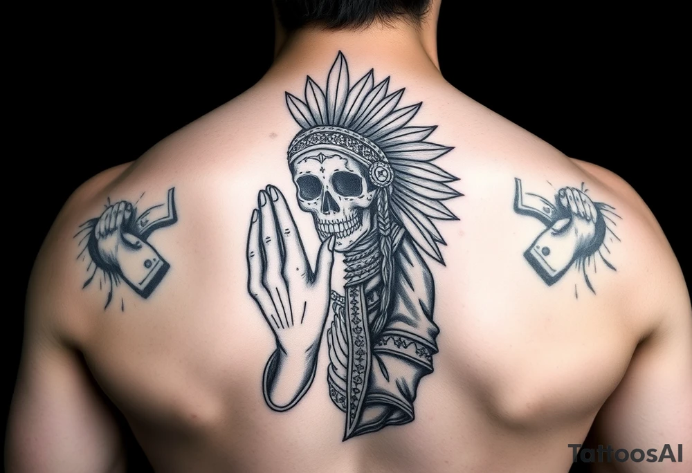 Feamle praying hands half sugar skull half indian woman with praying hands 100dollar bills and realistic tattoo idea