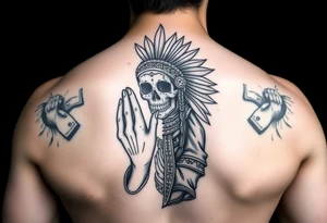 Feamle praying hands half sugar skull half indian woman with praying hands 100dollar bills and realistic tattoo idea