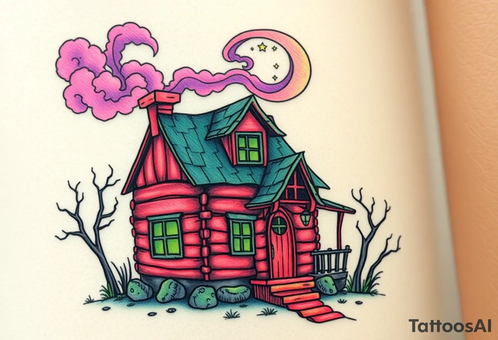 Tim Burton’s haunted pastel wood cabin home is abandoned and dripping with muted reds, dusty pinks, and eerie green glow.purple and cyan smokey clouds swirl in the crescent moonlit sky thats sprinkled with stars tattoo idea tattoo idea