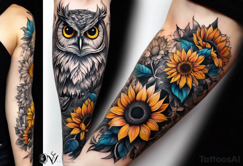 Arm sleeve with colorful sunflowers and an owl tattoo idea