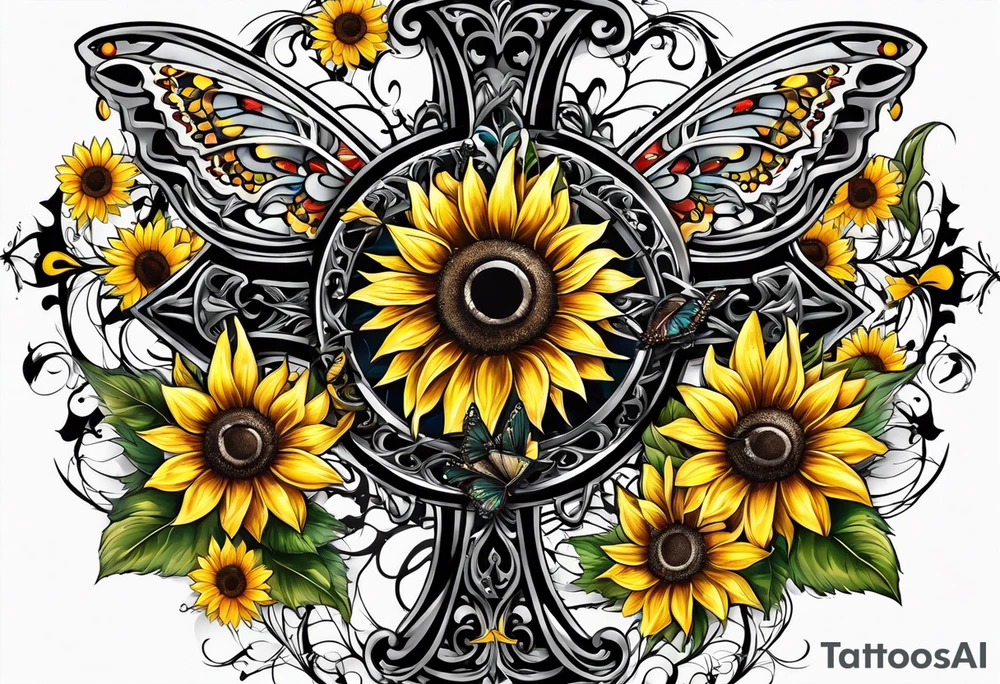 Winged cross with sunflower and butterflies tattoo idea