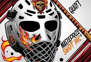 a puck hitting a goalie mask with crossed hockey sticks and flames that says "SHOT HOCKEY" tattoo idea