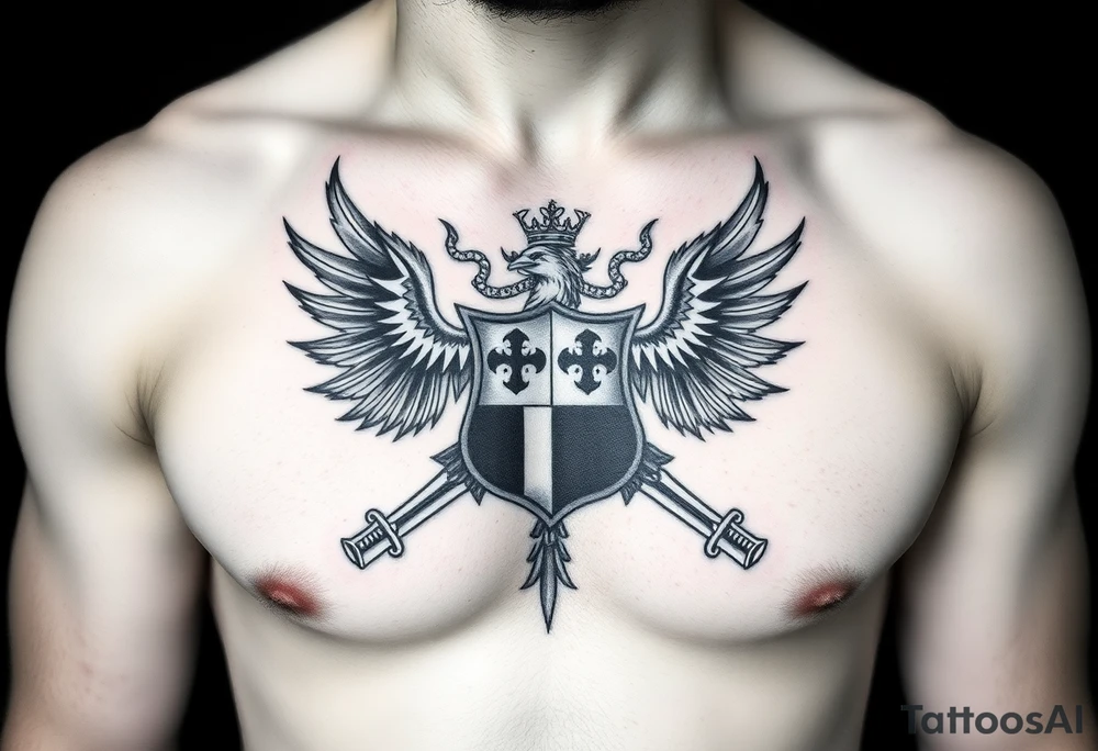 Family crest from Ireland with the The Toledo Mudhens Baseball Team, a very dark  And Demonic And Midevel Featurs Made Into a full chest tattoo with Smith last name heritage and meaning tattoo idea