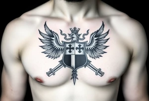 Family crest from Ireland with the The Toledo Mudhens Baseball Team, a very dark  And Demonic And Midevel Featurs Made Into a full chest tattoo with Smith last name heritage and meaning tattoo idea