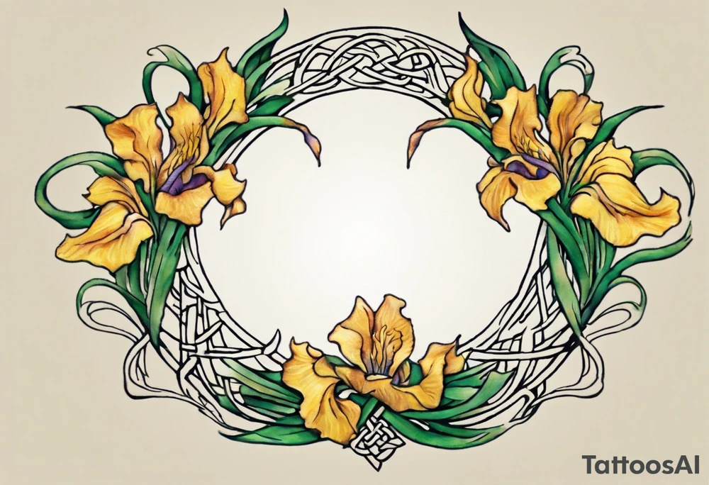 Create a small, colorful Vincent van Gogh Irises tattoo in the form of a crescent, with vines in Celtic knot style gracefully intertwining at a central point in the middle of the wreath. The intended placement is on the upper chest. The middle needs mountains. The overall design should be small in size while maintaining a delicate and artistic aesthetic. Pay attention to the graceful flow of the vines and the placement of the irises to achieve a refined and elegant look. tattoo idea