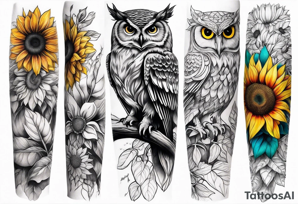 Leg sleeve with colorful sunflowers and an owl tattoo idea