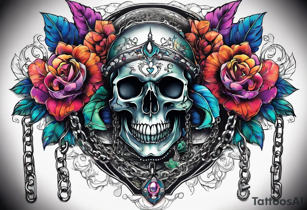 Tattoo in the neck of a skull freeing itself from its chains that prevents it from expressing itself. tattoo idea