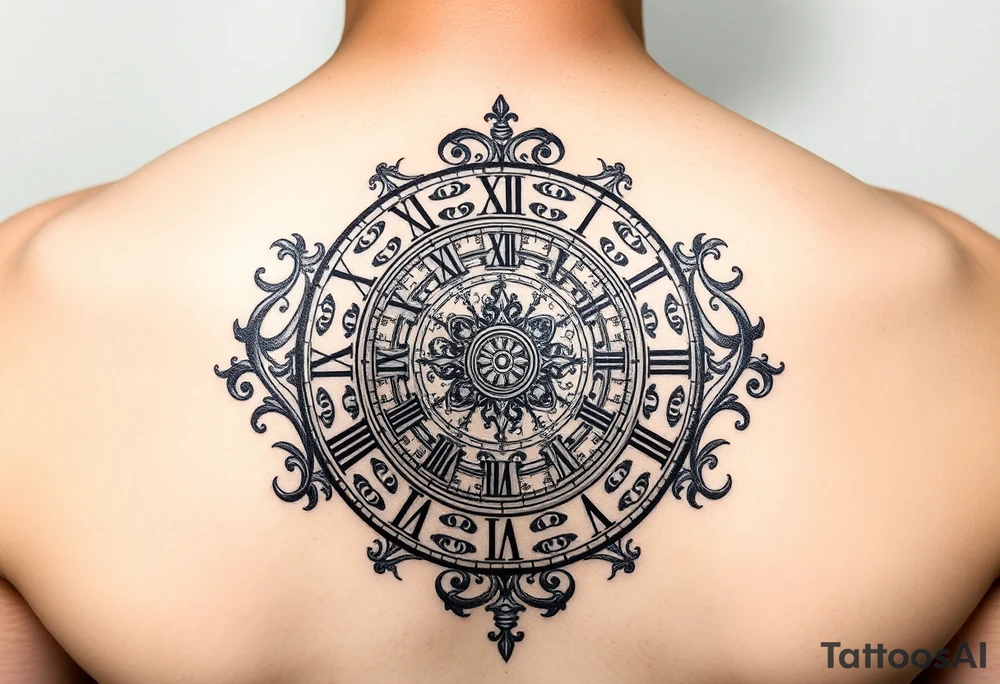 vintage roman numerals within ornate clockwork mechanism tattoo idea