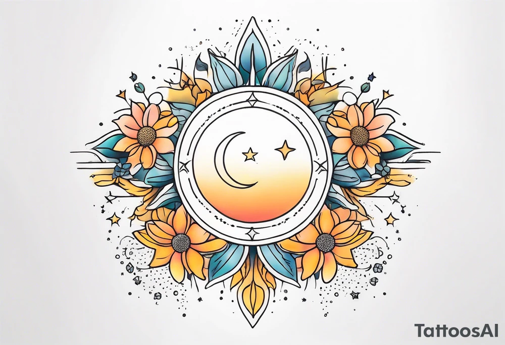 fine line with sun, stars, floral, dots. Sternum tattoo tattoo idea