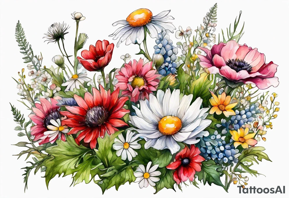 wildflowers cascading with thistles, ferns, white anemones, sun flowers, buttercups, pink flowers, red flowers, babys breath and daisies all in watercolor tattoo idea