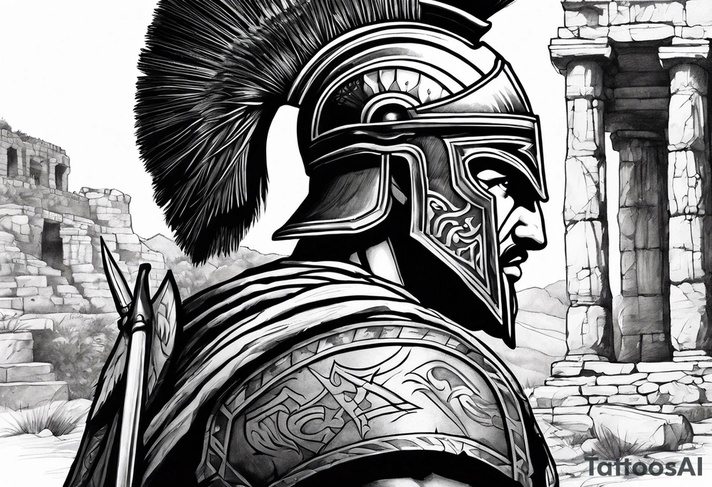 Side profile of spartan soilder with ancient ruins in background tattoo idea