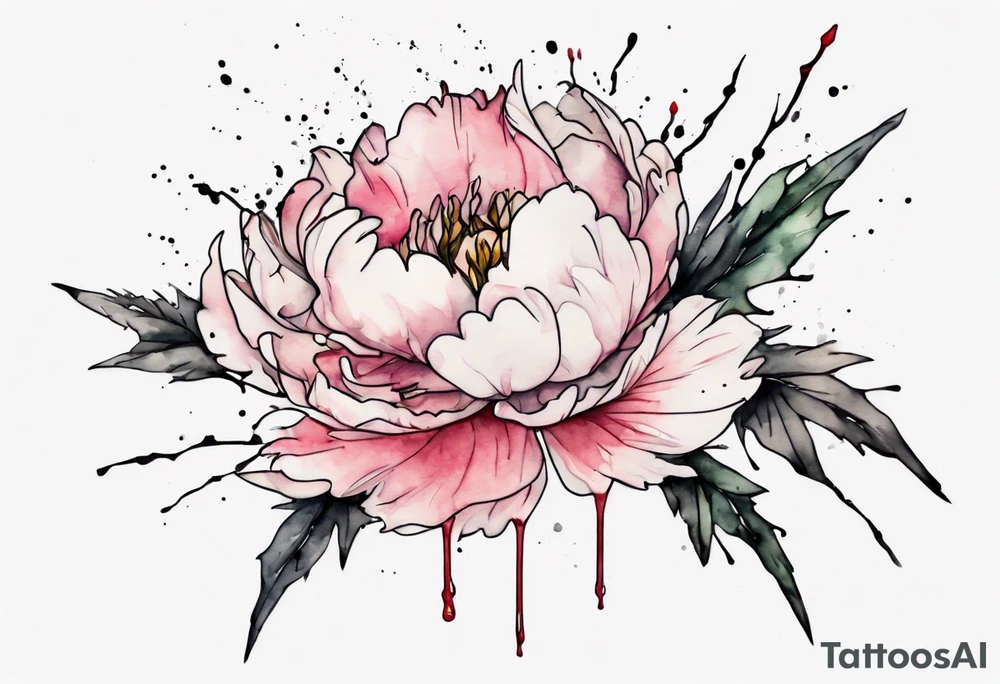 a watercolor peony that is dripping bleeding with thorns, simple, tall, one line tattoo idea