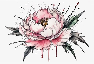 a watercolor peony that is dripping bleeding with thorns, simple, tall, one line tattoo idea