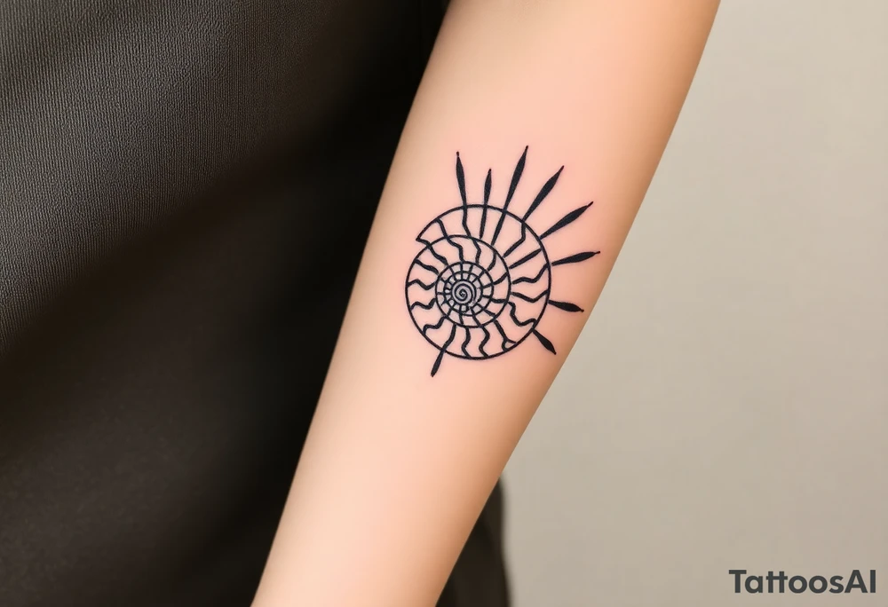 Fibonacci spiral shell inside of painted sun tattoo idea