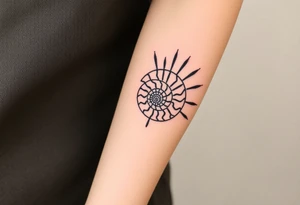 Fibonacci spiral shell inside of painted sun tattoo idea
