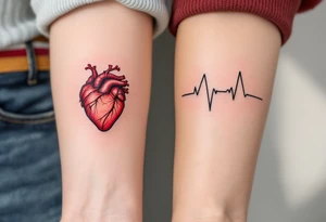 A red anatomical heart tattooed on one partner and a matching black heartbeat line forming a heart on the other. tattoo idea