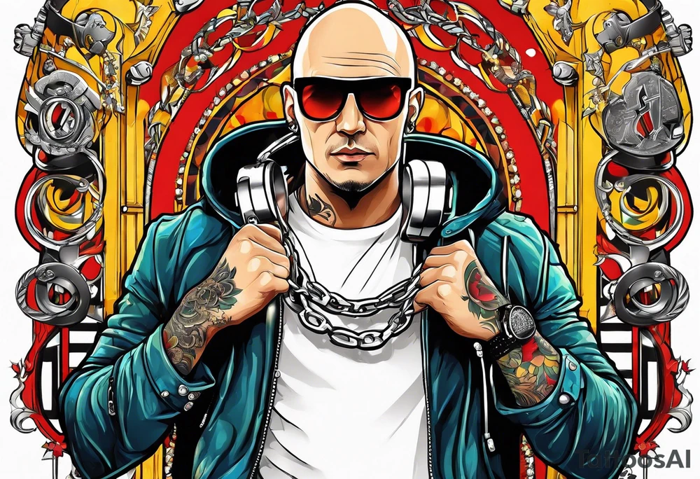 a bald german dj with handcuffs on ina bright yellwo short with red shoe boxesa around him tattoo idea
