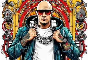 a bald german dj with handcuffs on ina bright yellwo short with red shoe boxesa around him tattoo idea