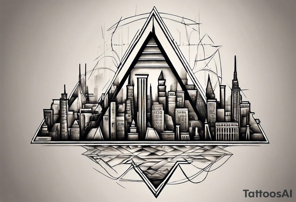 Create a visually dynamic tattoo that seamlessly blends the timeless elegance of the three Pyramids of Giza with the modern allure of the Manhattan skyline. Envision the pyramids standing majestically, perhaps incorporating subtle Egyptian motifs like hieroglyphs or an ankh, transitioning smoothly into the iconic structures of New York, such as the Empire State Building and One World Trade Center. tattoo idea