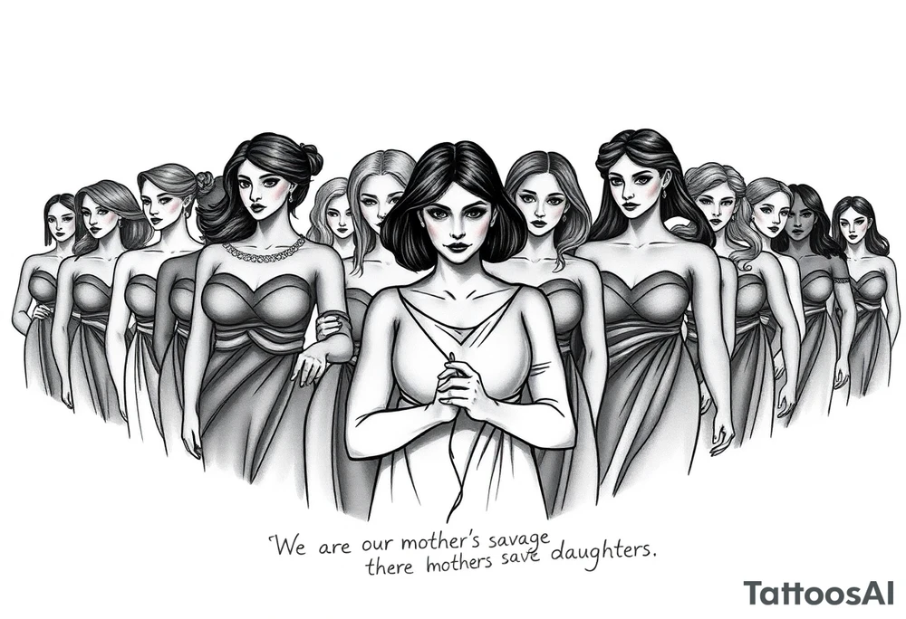 Generate a black and gray shaded image (for a diamond shaped medium forearm tattoo) of a legion of feminists, showing only their heads and shoulders. There is one figure in the front and many standing behind her, they are shadowy and vaguely featured. They do not have defined facial features. The figure in the front represents Clotho from Greek mythology and symbolizes my mother, holding a spool representing spinning the thread of life. This figure in the front has shorter, dark hair, is olive skinned and appears to be of Italian descent but facial features are still not well defined. The other figures' features get less defined the further from the front they are. All of the female figures are strong, but not comically voluptuous. They are of different racial and ethnic backgrounds, representing solidarity of women.

Add the inscription "We are our mother's savage daughters" tattoo idea