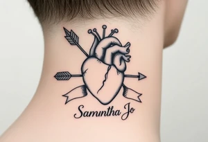 anatomical heart pierced by ornate arrow with flowing ribbons with the name Samantha Jo tattoo idea