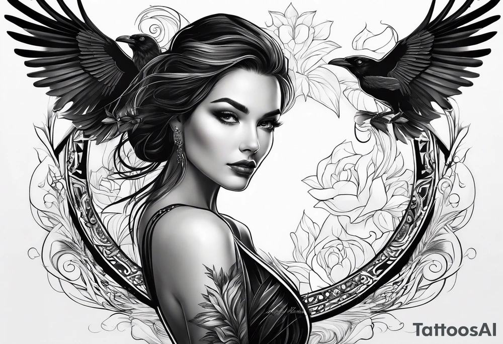 a beautiful woman slowly turns into a black raven tattoo idea