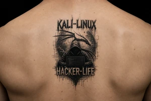 the kali linux dragon in the background of a hacker in black hoodie sitting behind a laptop hacking with the words Kali-Linux accross the top and Hacker-Life accross the bottom and the letters need to be in hacker colors tattoo idea