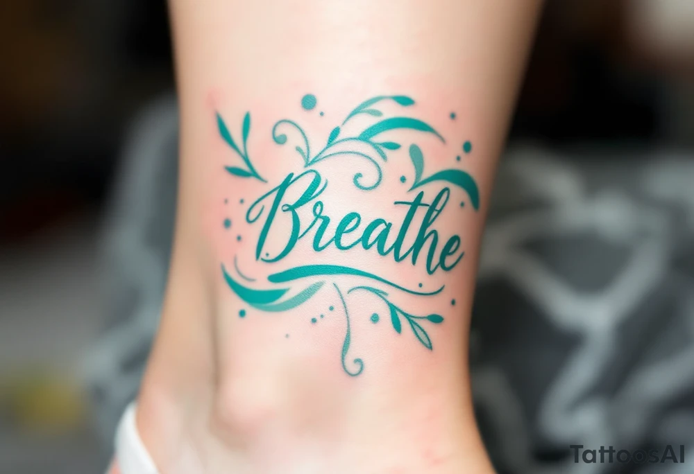 “Breathe” in soft teal brushstroke style, surrounded by minimalist wind lines in light gray. tattoo idea