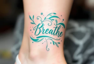 “Breathe” in soft teal brushstroke style, surrounded by minimalist wind lines in light gray. tattoo idea