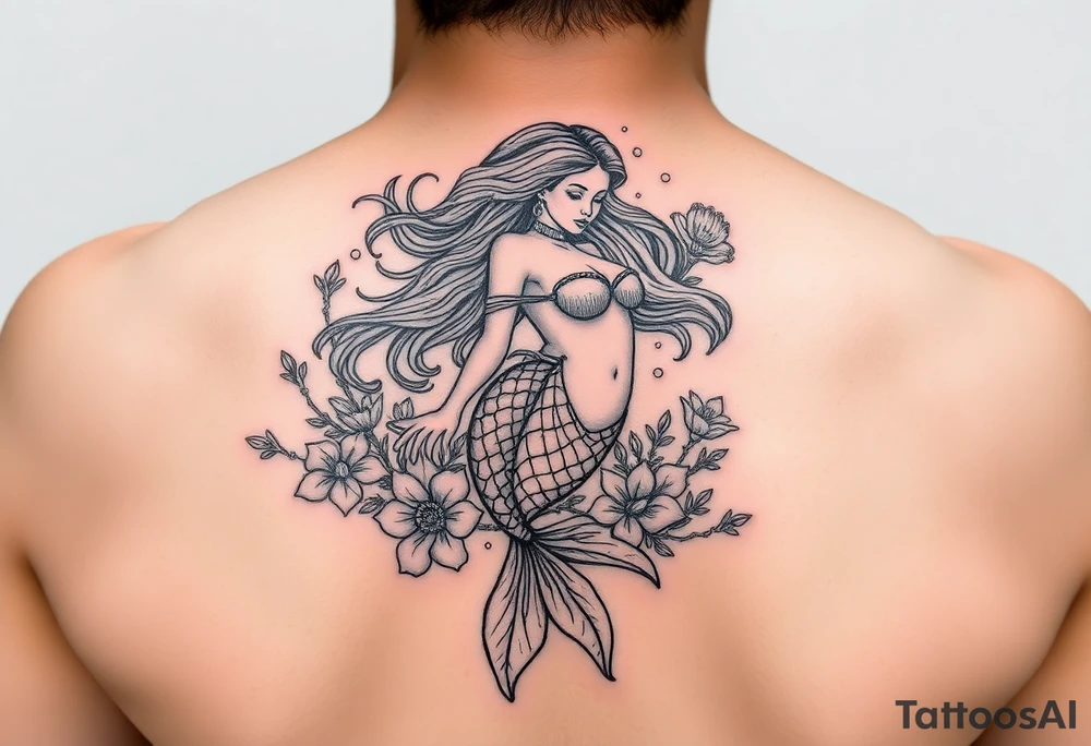 ethereal mermaid with flowing hair among coral and sea flowers tattoo idea